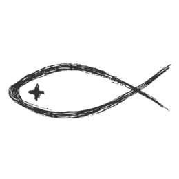 Schwarzes Fischsymbol mit geschwungener Linie und einem Kreuz im Inneren.