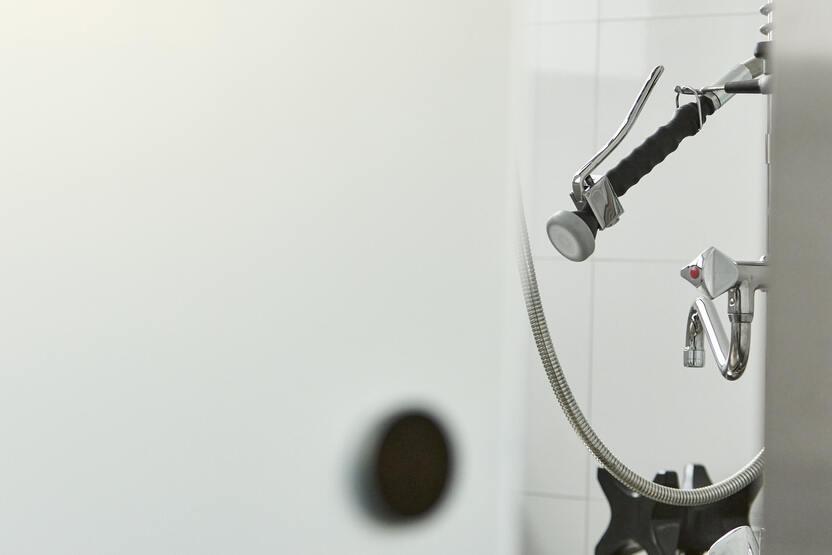 Durchscheinende Glastür mit einem Blick auf eine moderne Dusche und Wasserhahn im Hintergrund.