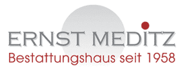 Logo des Bestattungshauses Ernst Meditz mit Slogan „Bestattungshaus seit 1958“ und grafischem Element.