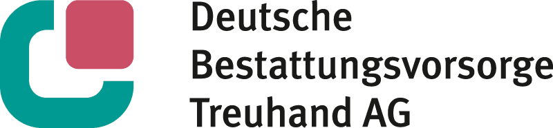 Logo der Deutschen Bestattungsvorsorge Treuhand AG. Farbschema in Türkis und Rosa mit Unternehmensnamen in Schwarz.