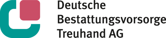 Logo der Deutschen Bestattungsvorsorge Treuhand AG. Farbschema in Türkis und Rosa mit Unternehmensnamen in Schwarz.